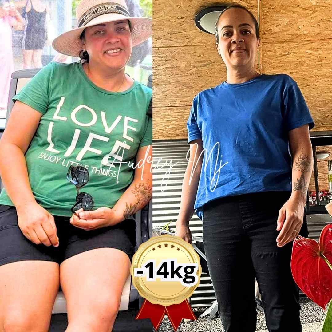 Antes y después de mujer con pérdida de 14 kg usando ayuno intermitente
