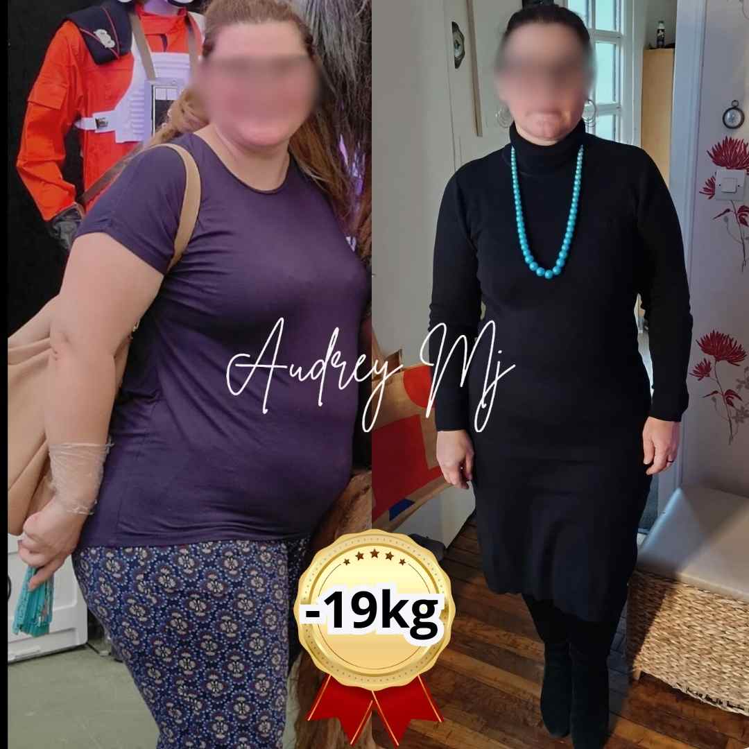 Antes y después de mujer con pérdida de 19 kg gracias al ayuno intermitente