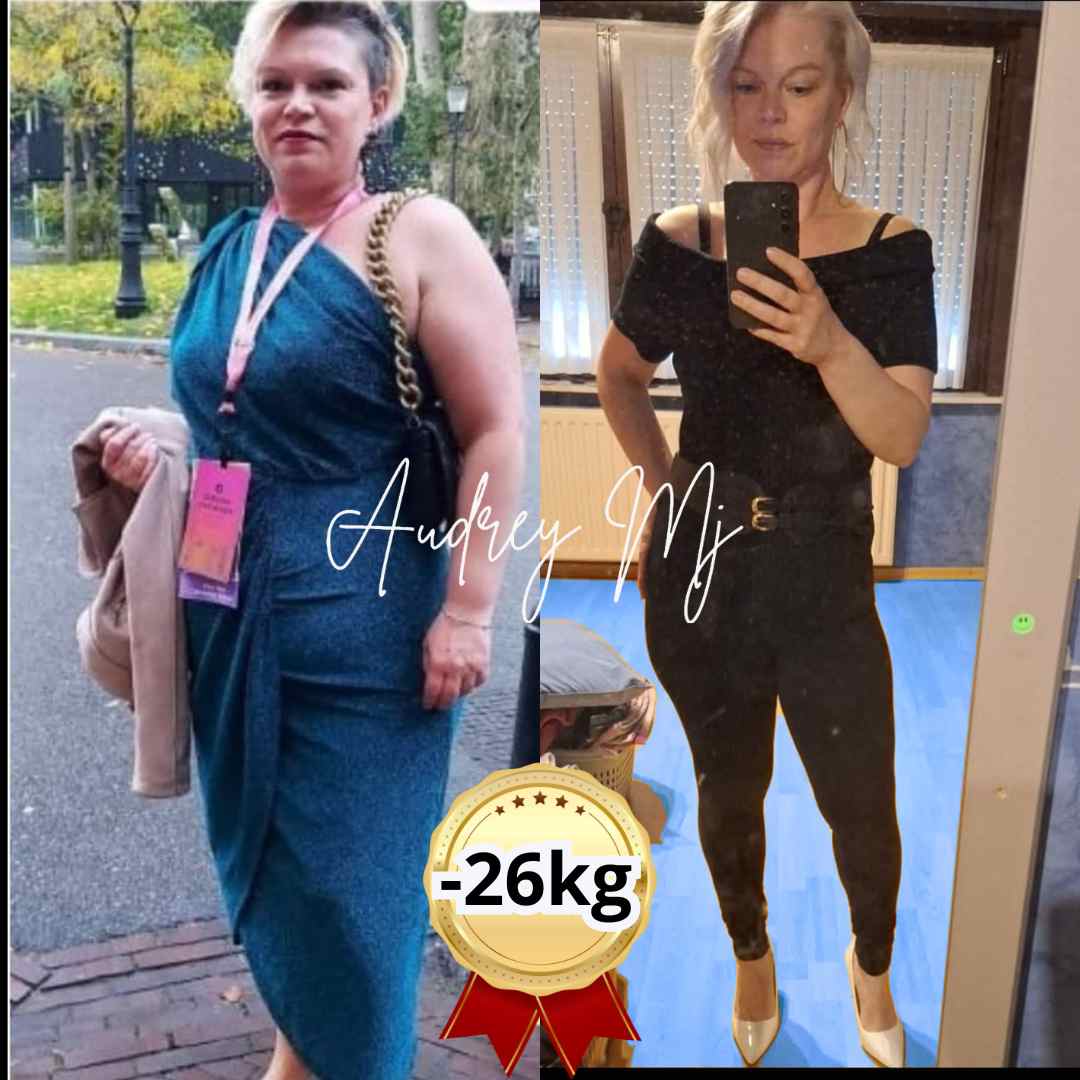 Antes y después de mujer con pérdida de 26 kg mediante ayuno intermitente