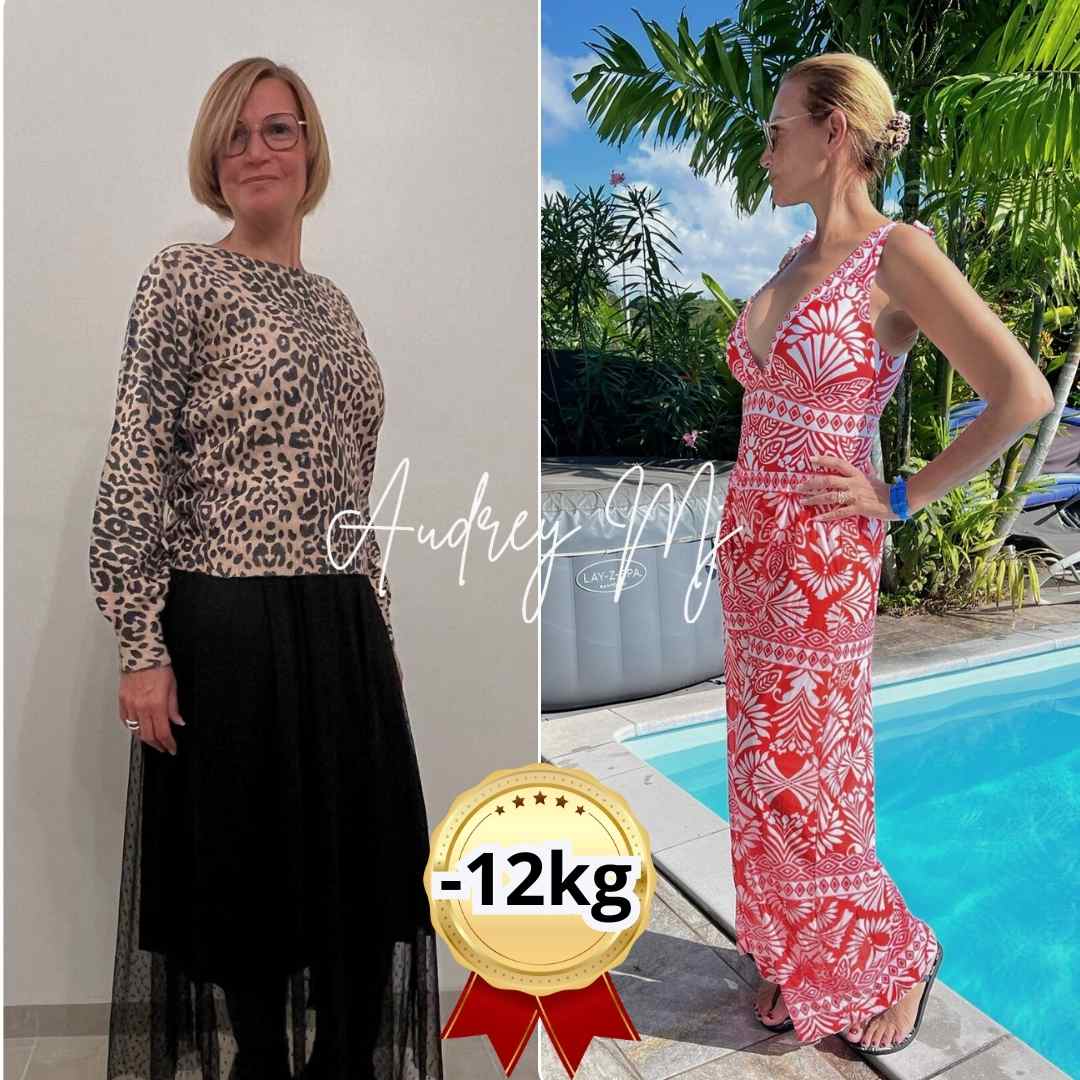 Antes y después de mujer con pérdida de 12 kg gracias al ayuno intermitente