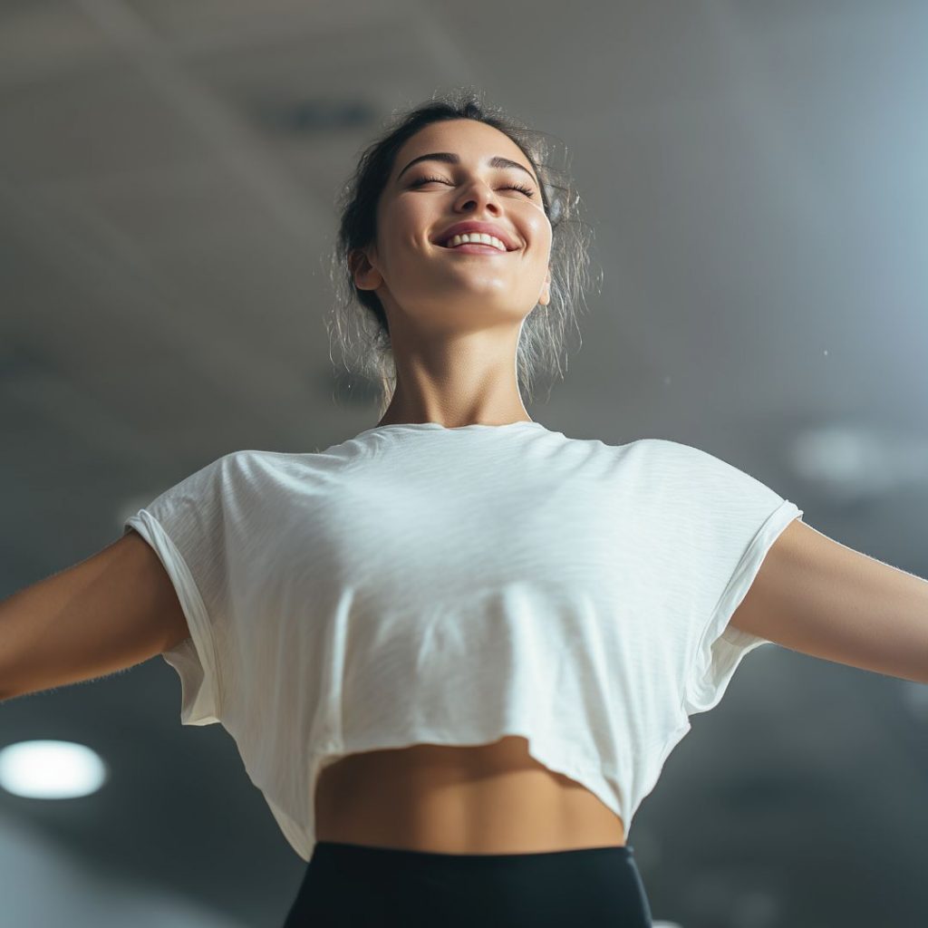 Mujer feliz  pensando en los Beneficios del ayuno intermitente en energía, bienestar emocional y salud metabólica