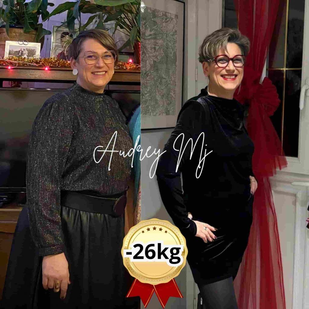 mujer con el antes y el despues con 26 kilos menos