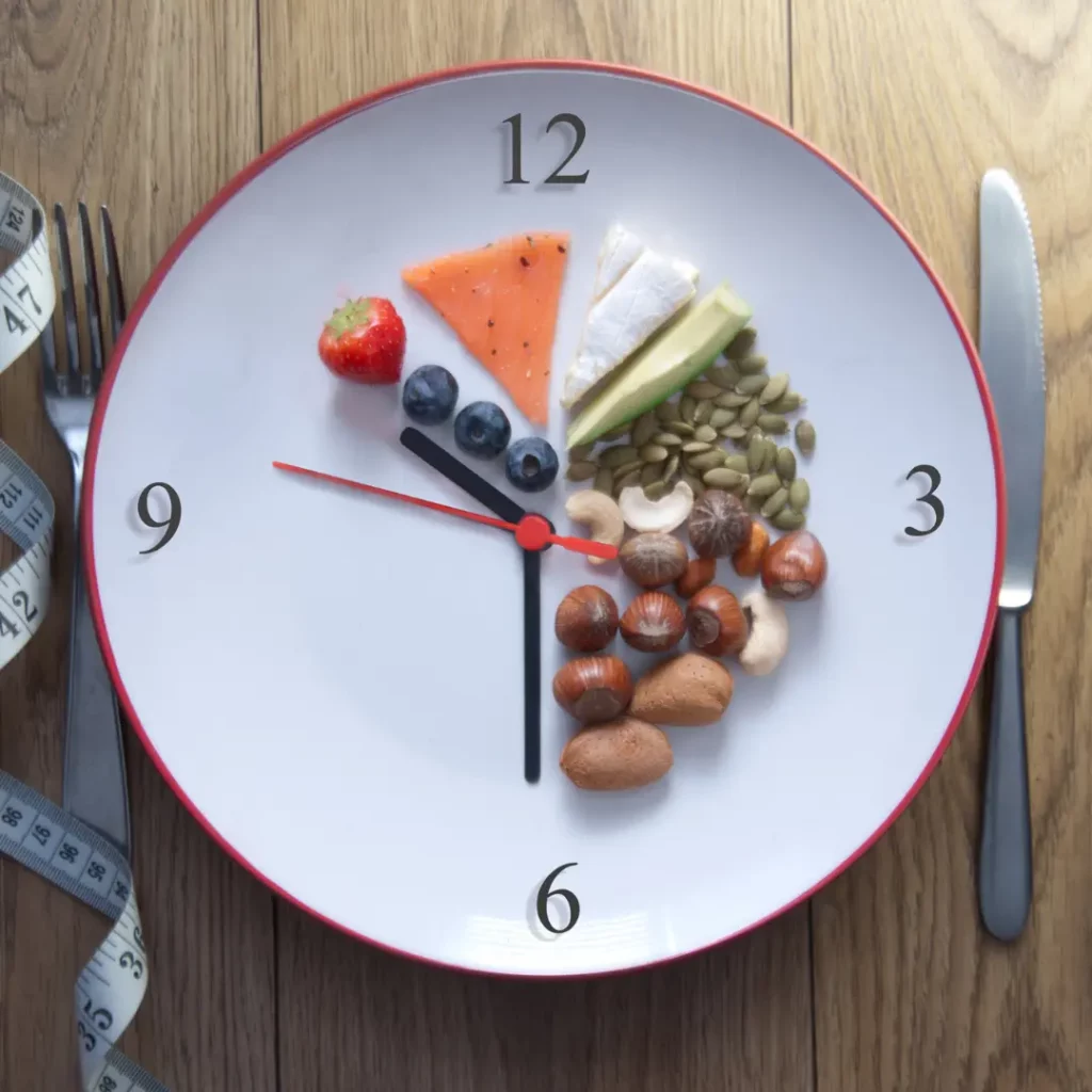 plato con reloj con las horas de las comidas